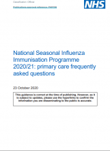 National Seasonal Influenza Immunisation Programme 2020/21: primary care frequently asked questions